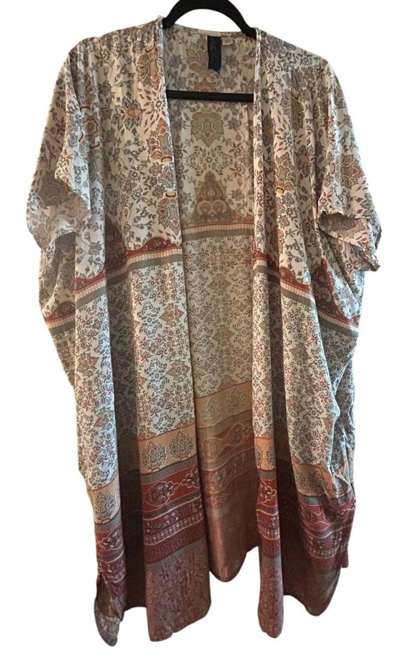 Blue Rain Bohemian Floral Print Open Front Kimono Duster Size S
